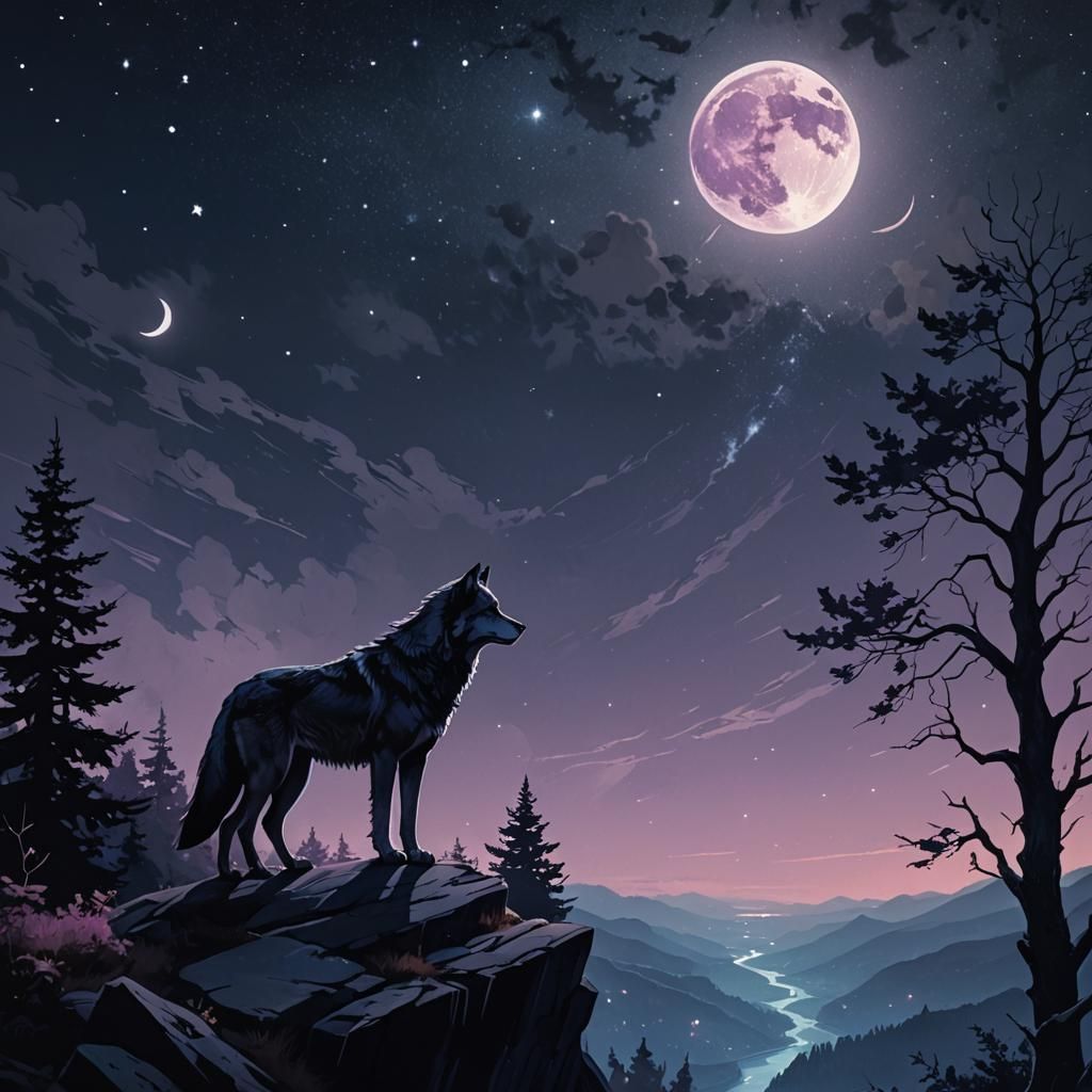 Lone Wolf Howling at Crescent Moon, Moody Art