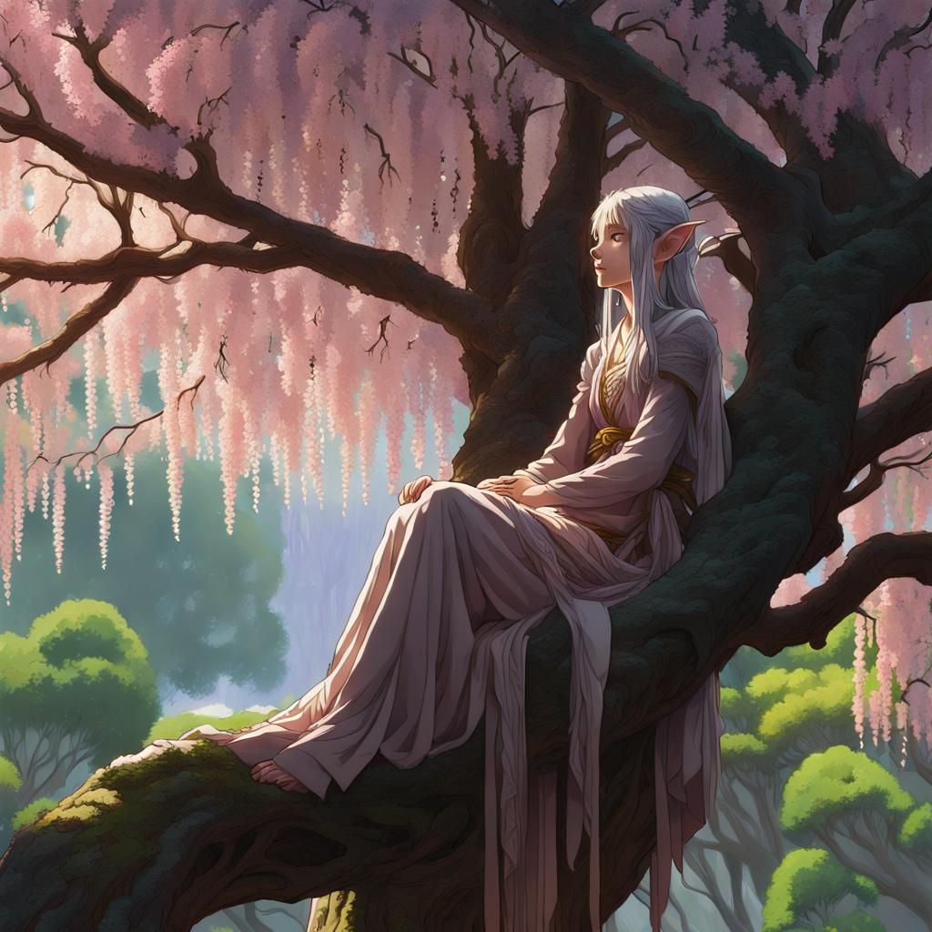 Elf in Cherry Tree: Ghibli-Inspired Fantasy Art