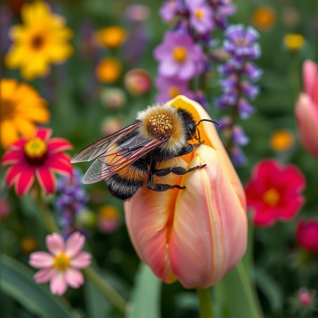 Bumblebee on Tulip in Hyperrealistic Botanical Style