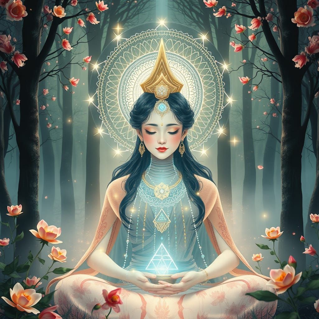 Divine Feminine Meditating in Luminous Forest Temple