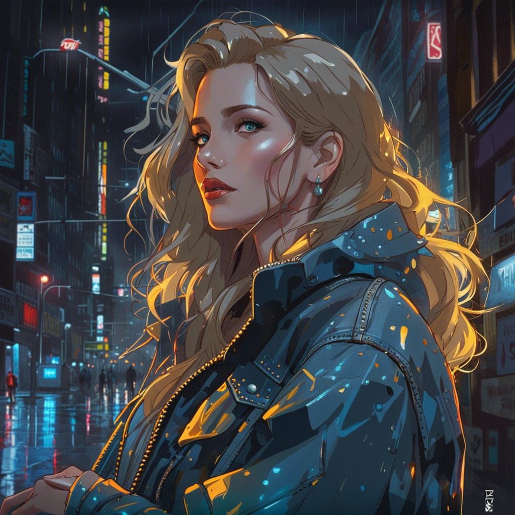 Neon-lit Urban Scene with Woman in Denim Jacket