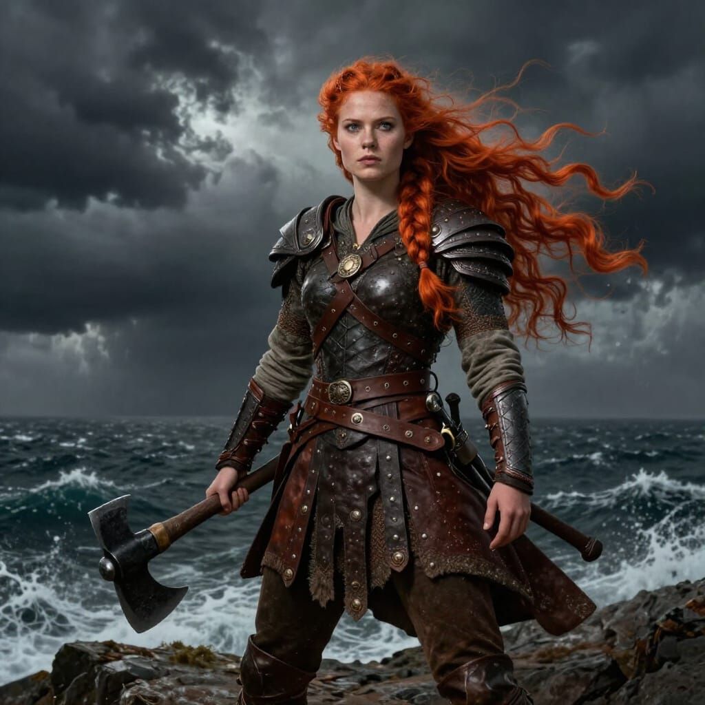 Viking Shieldmaiden on Stormy Cliff - Fantasy Art