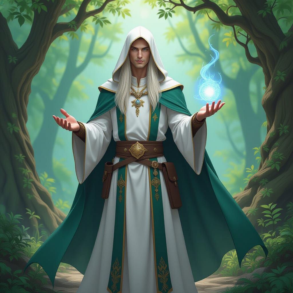 Mystical D&D Priest Casting Healing Spell in Forest