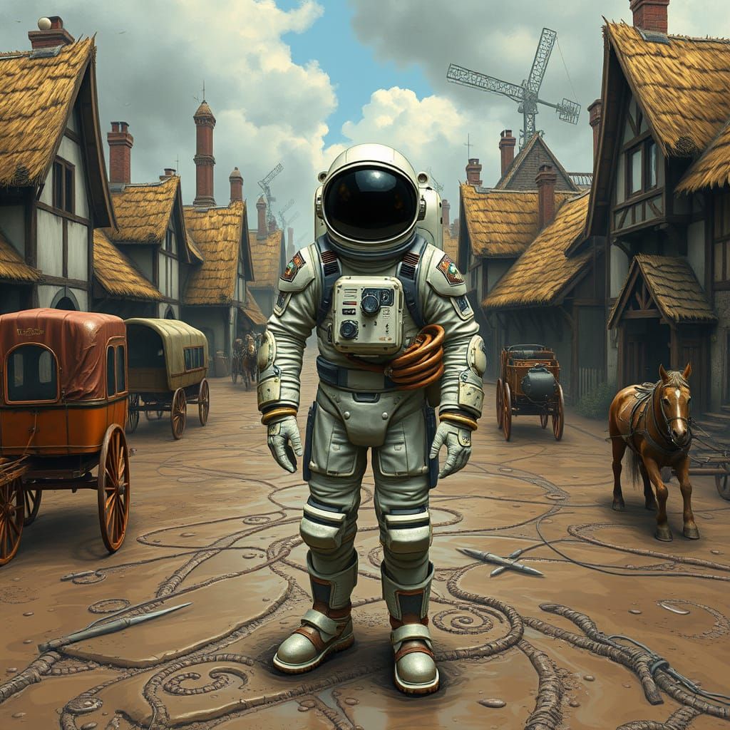 Astronaut Lands in Whimsical Medieval Town Square