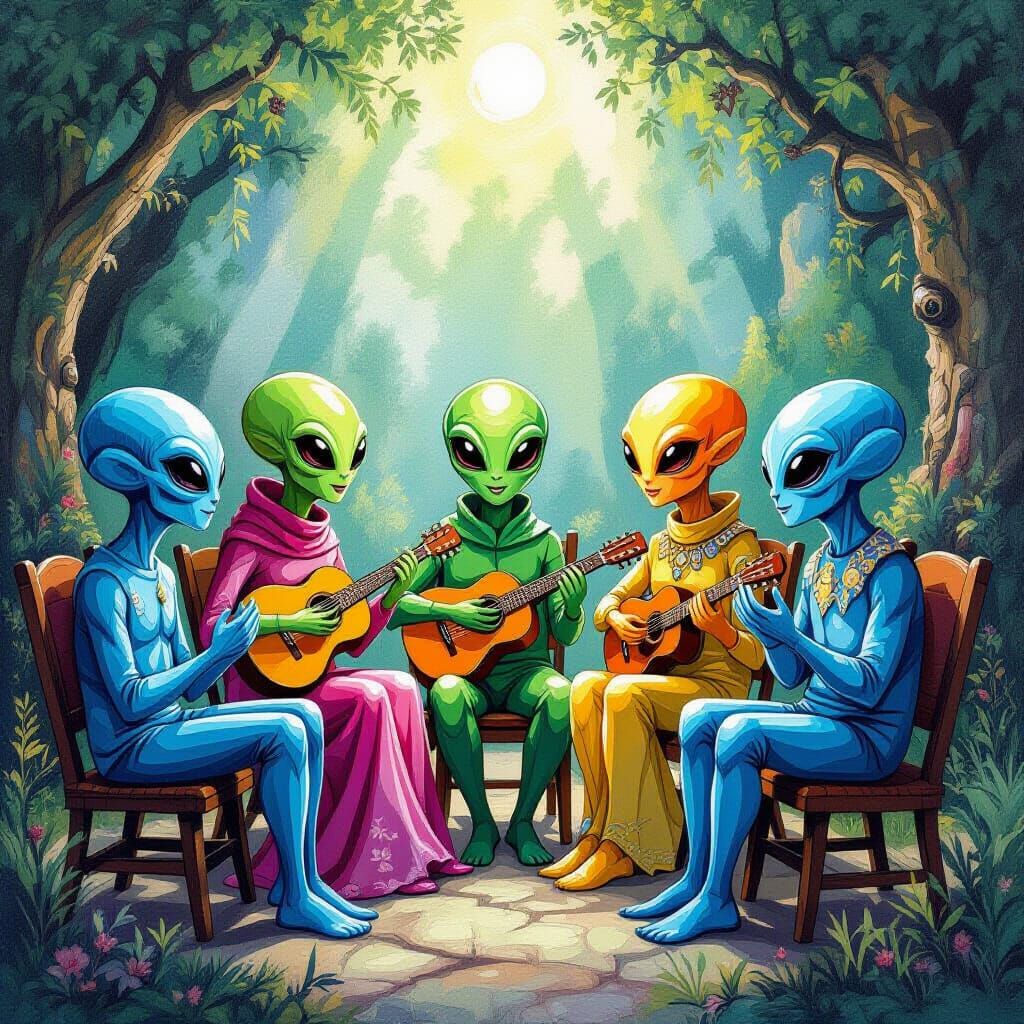 Aliens Singing a Beautiful Song: Gouache Painting