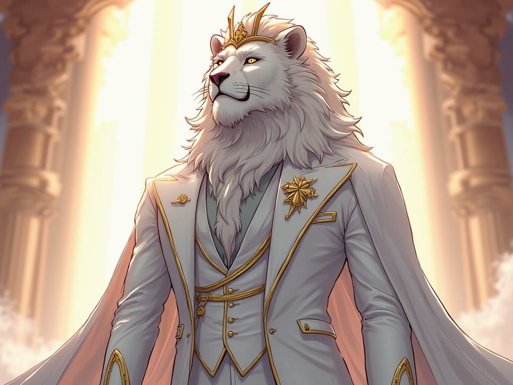 Majestic White Lion King in Anime Manga Style
