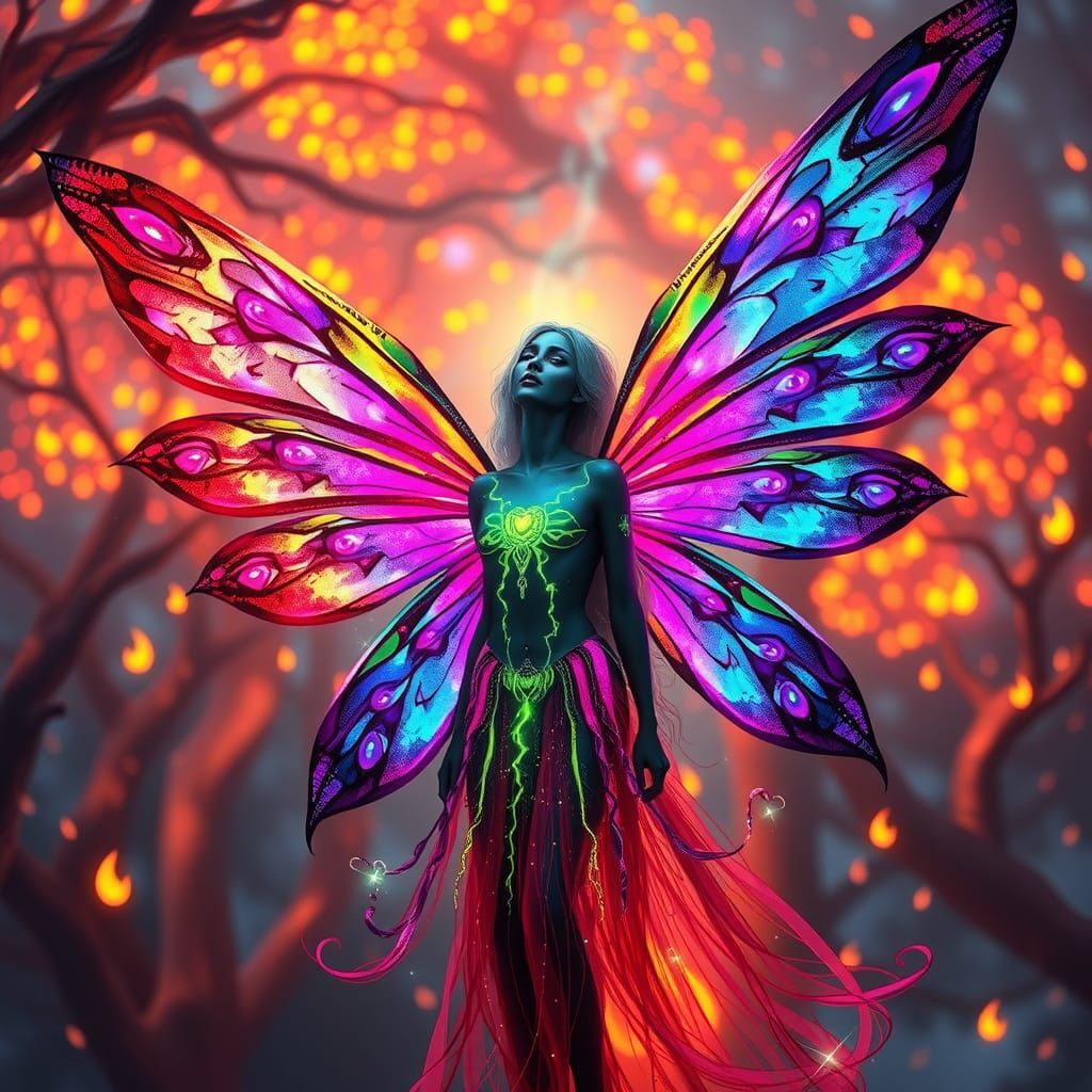 Iridescent Fairy with Flame Trees in Fantasy Underworld