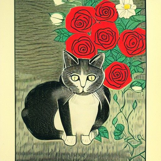 Cat & Roses Woodcut