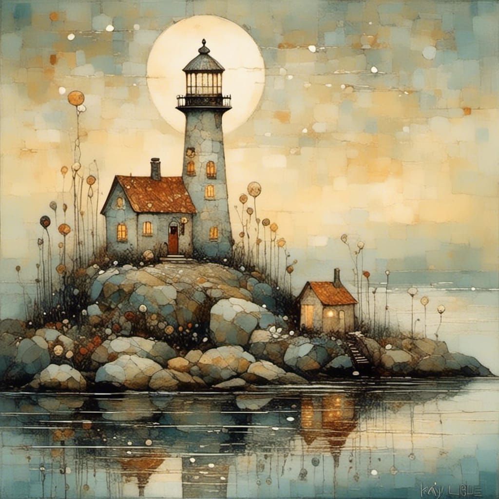 Whimsical Lighthouse and Cottages, Illustrated Style