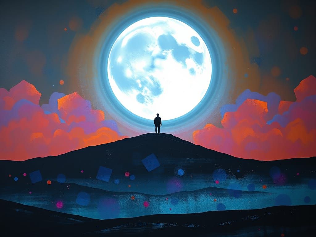 Figure Silhouetted by Silver Moon in Abstract Landscape