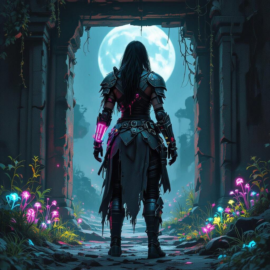 Cybernetic Warrioress Guarding Ancient Temple Ruins