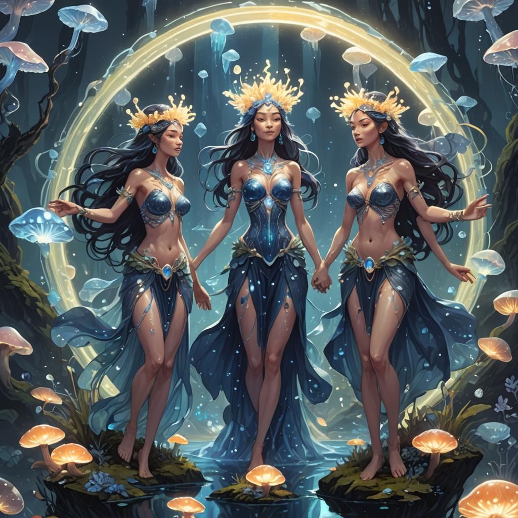 Bioluminescent Sapphire Goddesses Dance in Fantasy Illustrat...