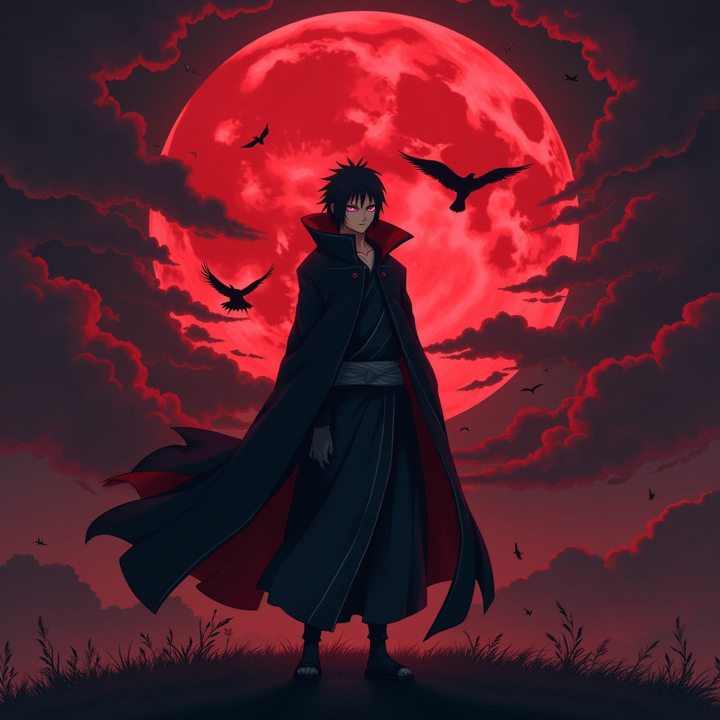 Itachi Uchiha in Akatsuki Robes Under Blood Moon