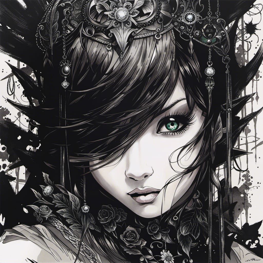 Gothic Emerald-Eyed Girl Portrait in Shinkawa Style