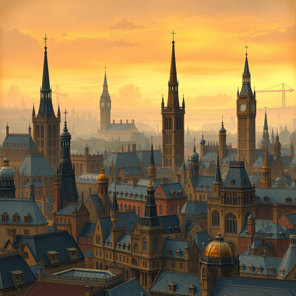 Discworld's Whimsical Metropolis Under Golden Hour