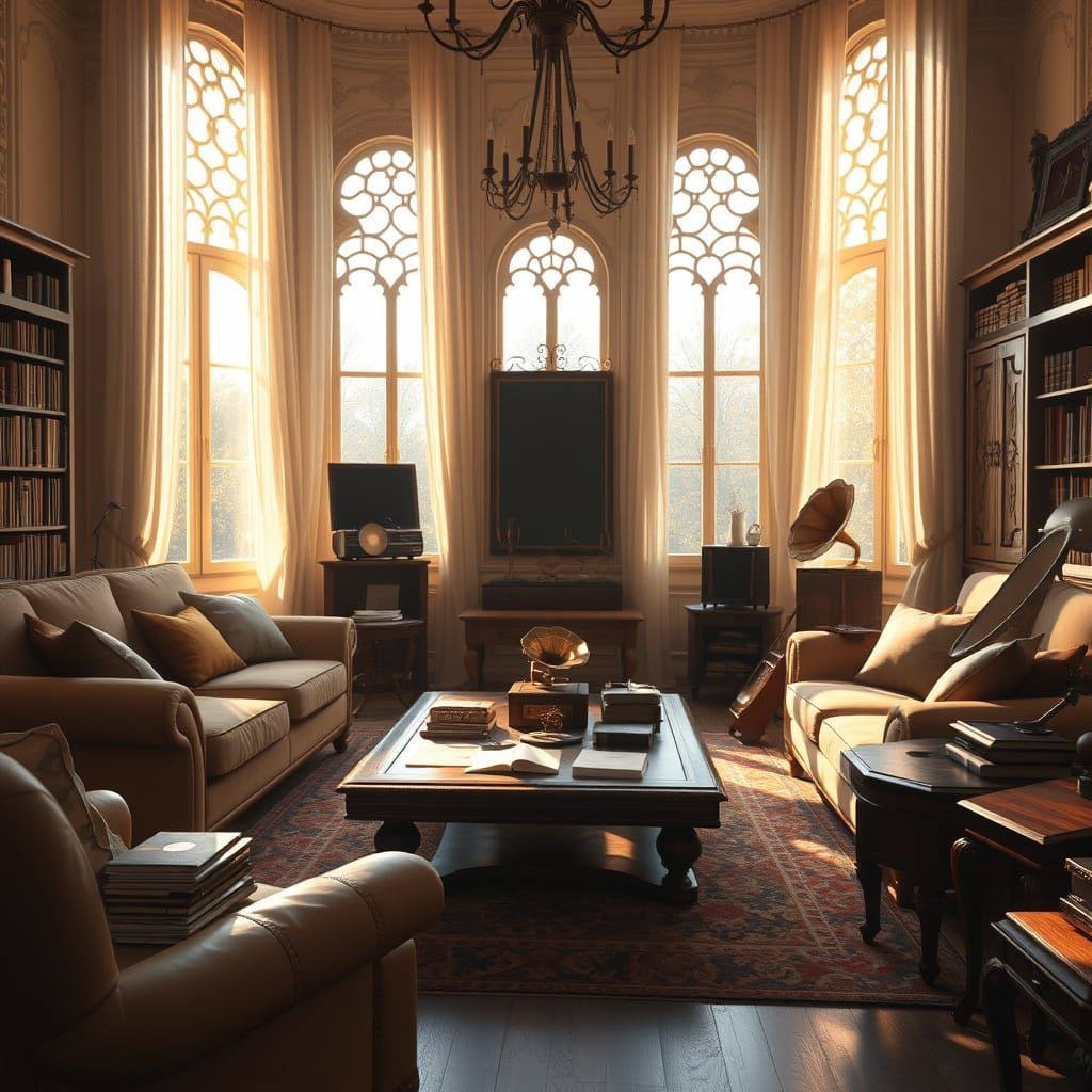 Warm Living Room with Golden Sunlight and Vintage Decor