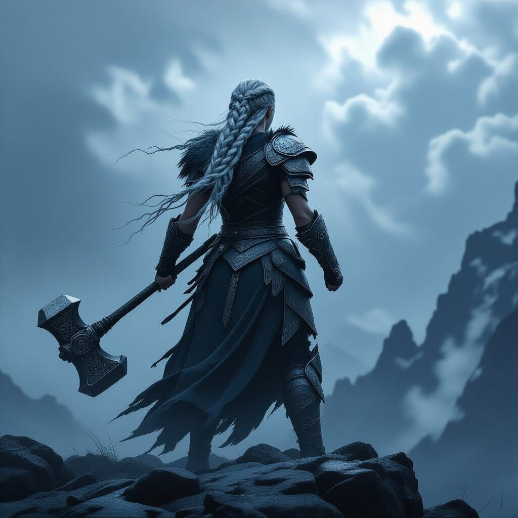 Battle Goddess with War Hammer in Norse Horror Style