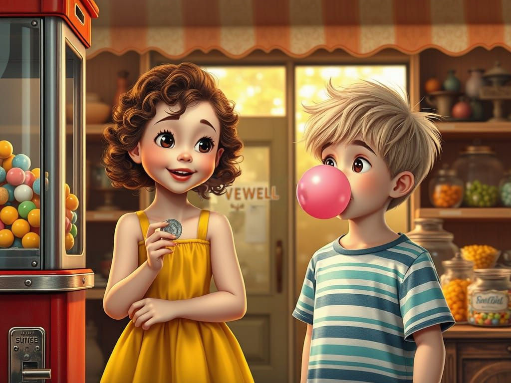 Vintage Summer Scene with Gumball Machine and Boy Blowing Bu...