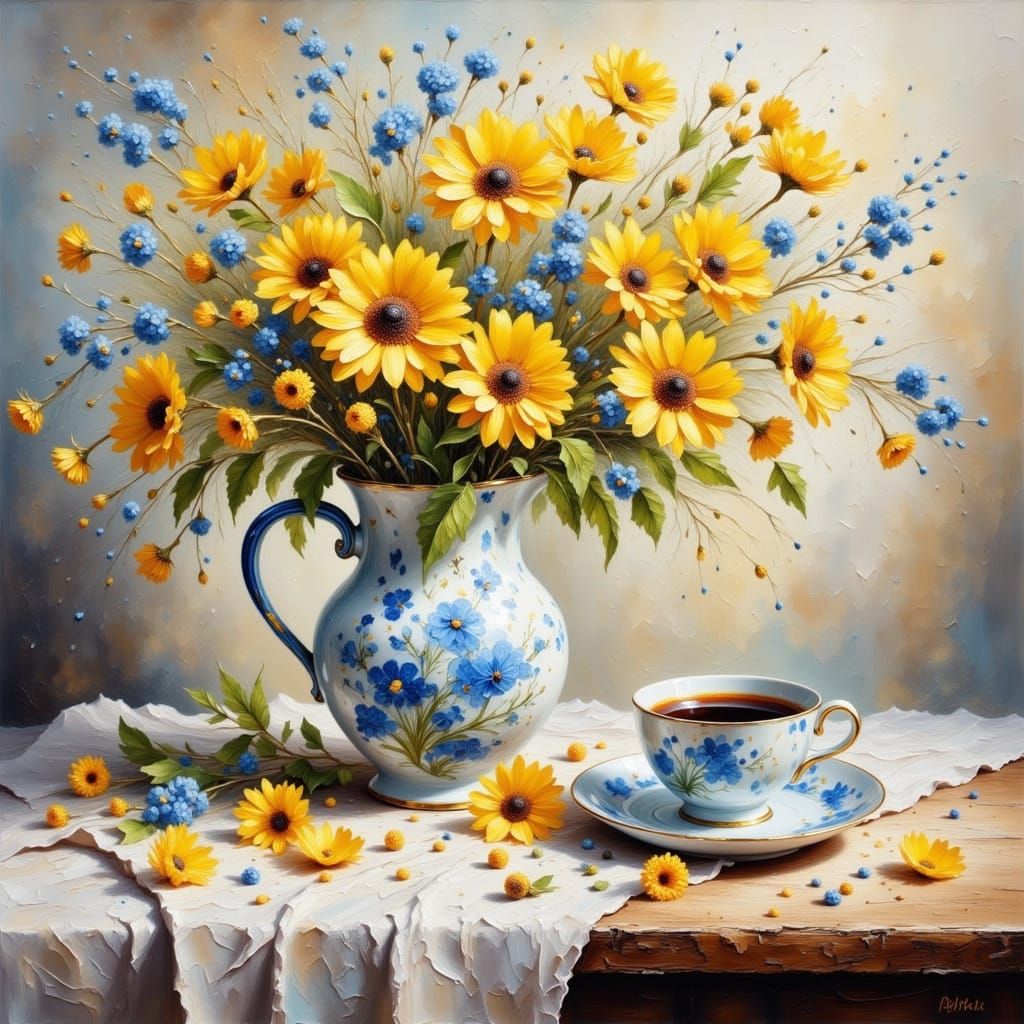 Vibrant Floral Still Life with Coffee in Impasto Oil Style