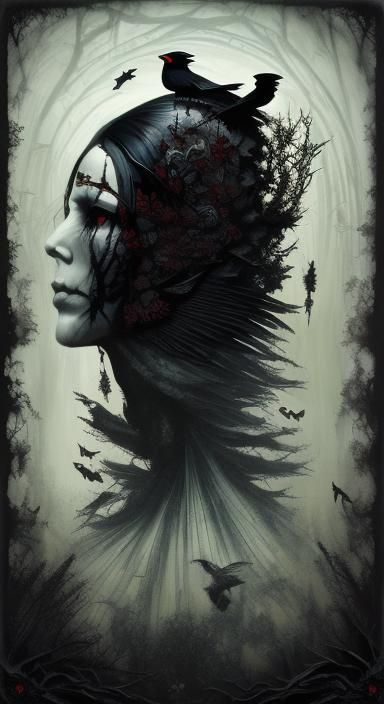 Goddess Hecate with Crows: Rococo-Horrorcore Style