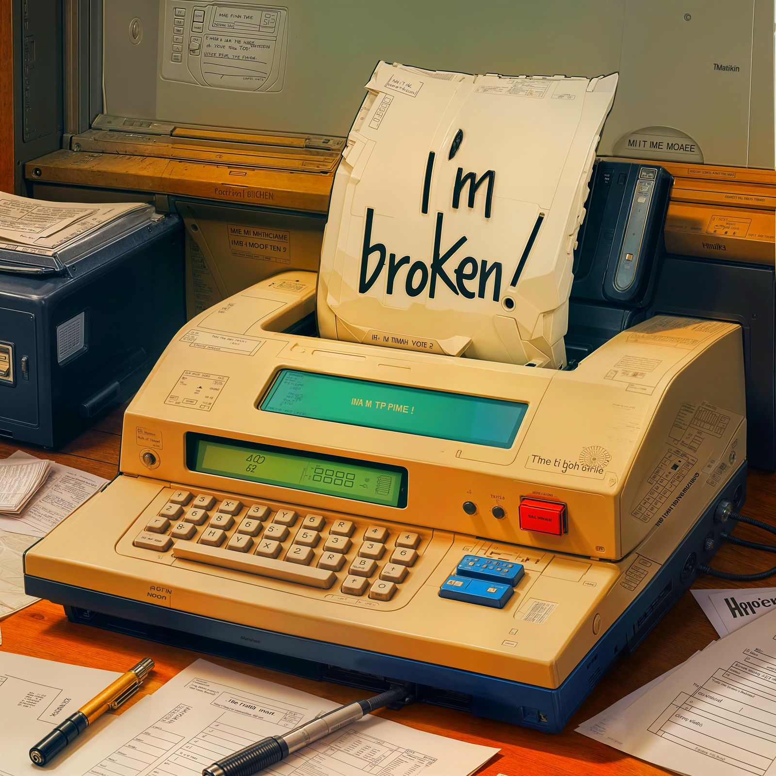 1980s-Style Fax Machine with Broken Note