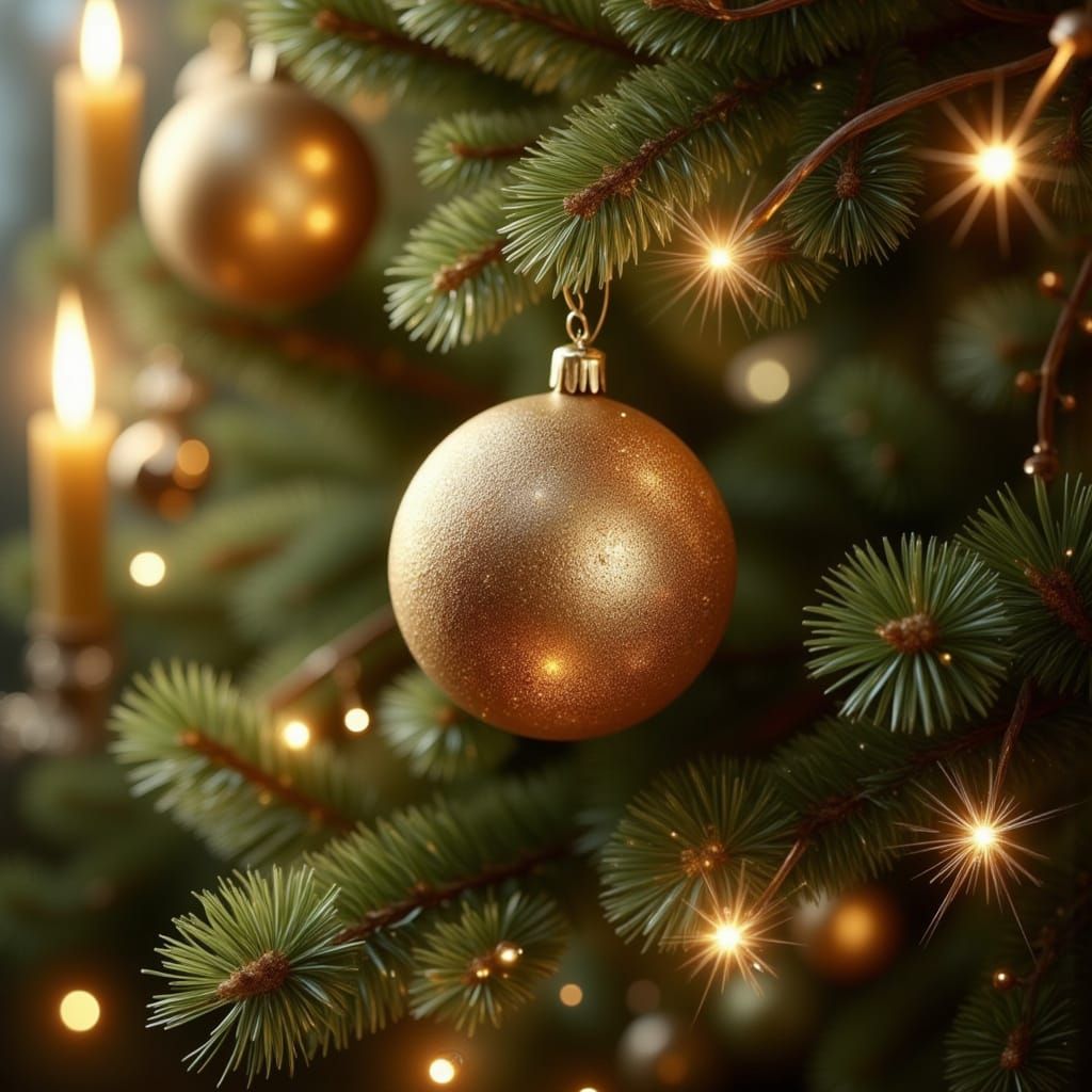 Golden Christmas Nut on Pine Branch with Bokeh