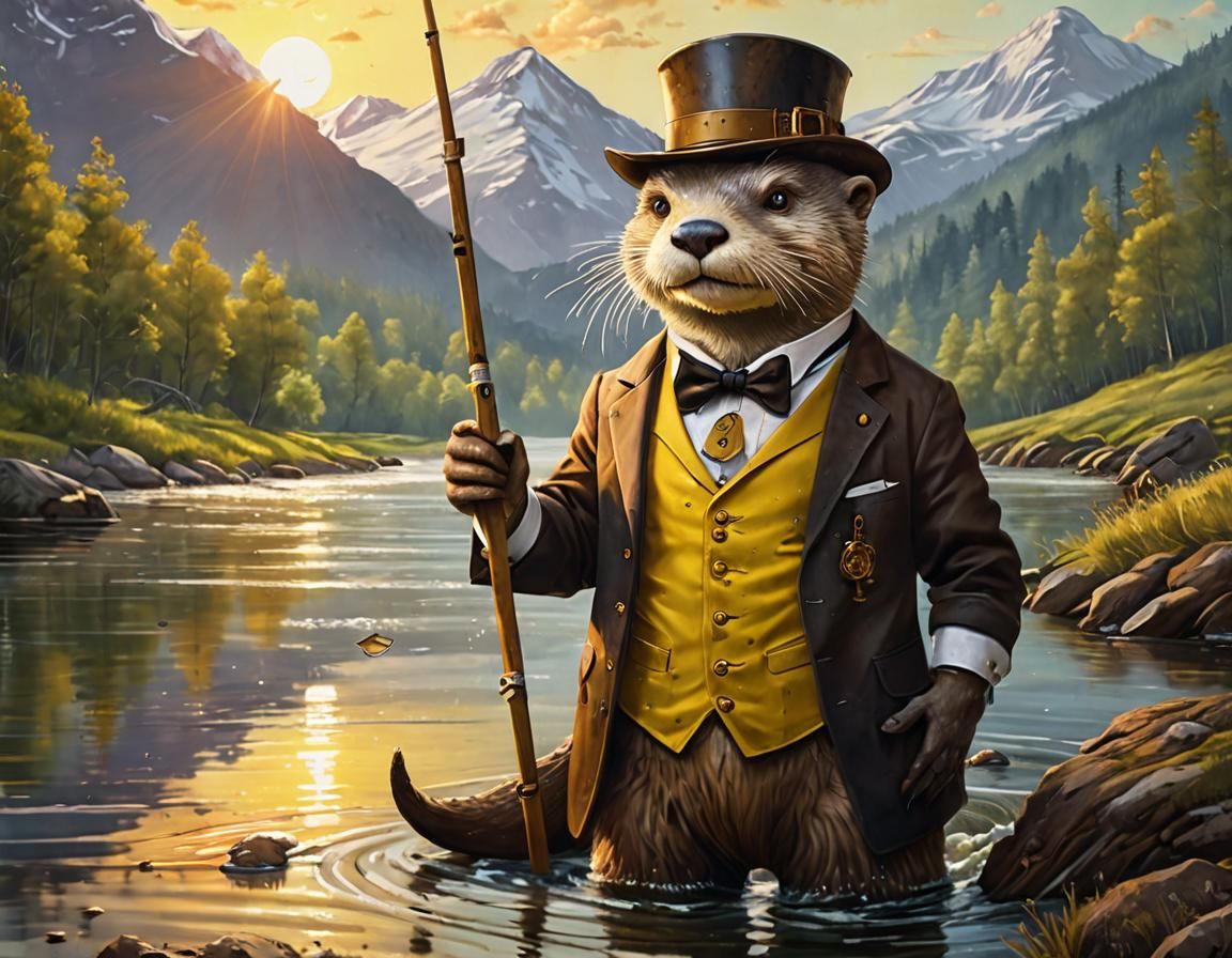 Steampunk Otter Fishing in Summer Sunset Acrylic Painting
