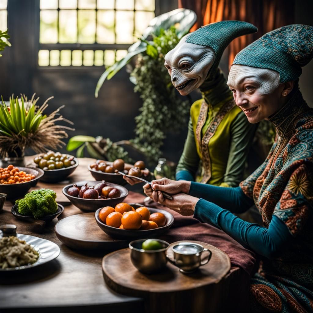 Surreal Alien Restaurant Celebration in Magical Realism
