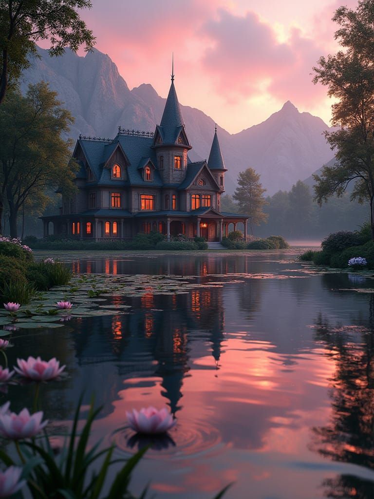 Ethereal Victorian Estate Amidst Majestic Mountains at Sunse...