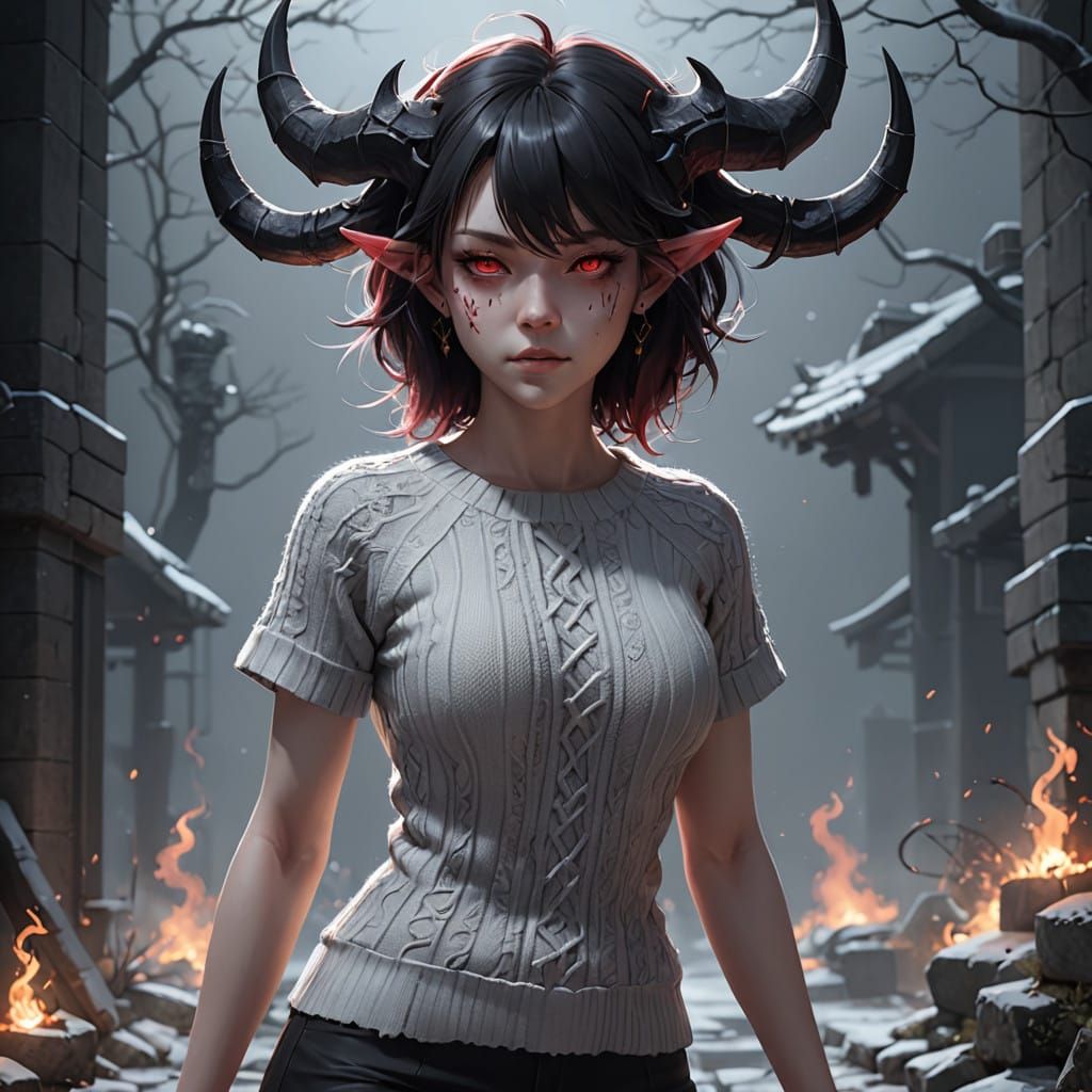 Ethereal Demon Girl in Sweater Captured in Stunning 3D Anime...