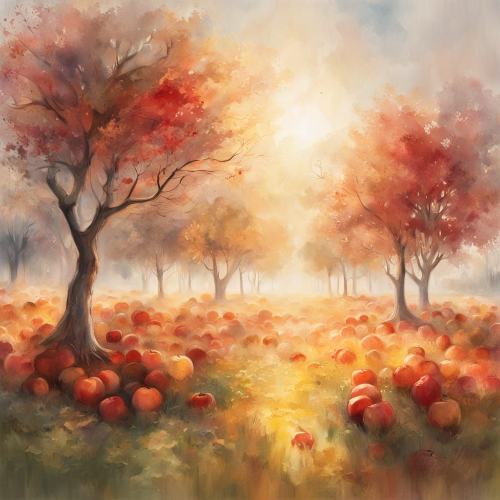 Surreal Watercolor Harvest Scene with Melting Apples