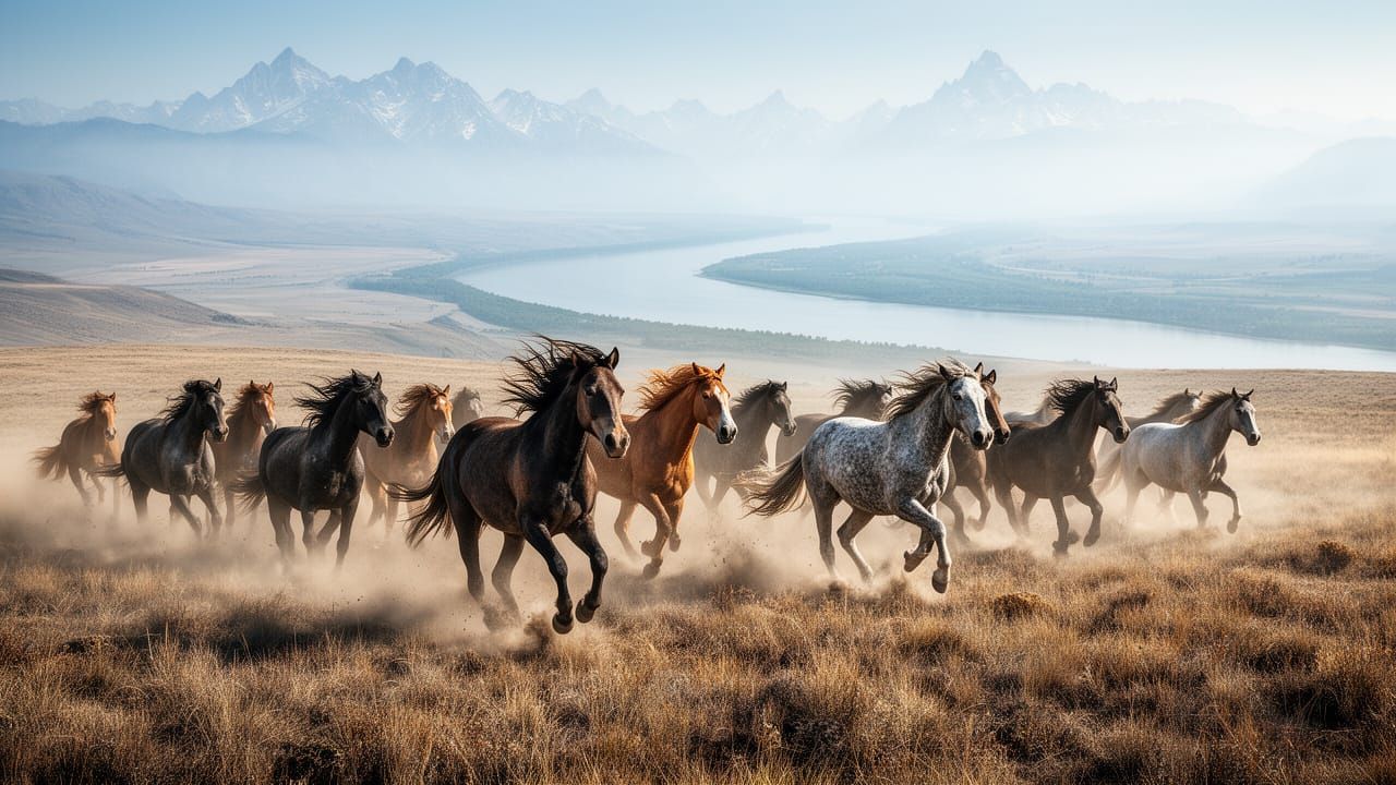 Wild Horses Galloping on High Plateau Overlooking Columbia R...