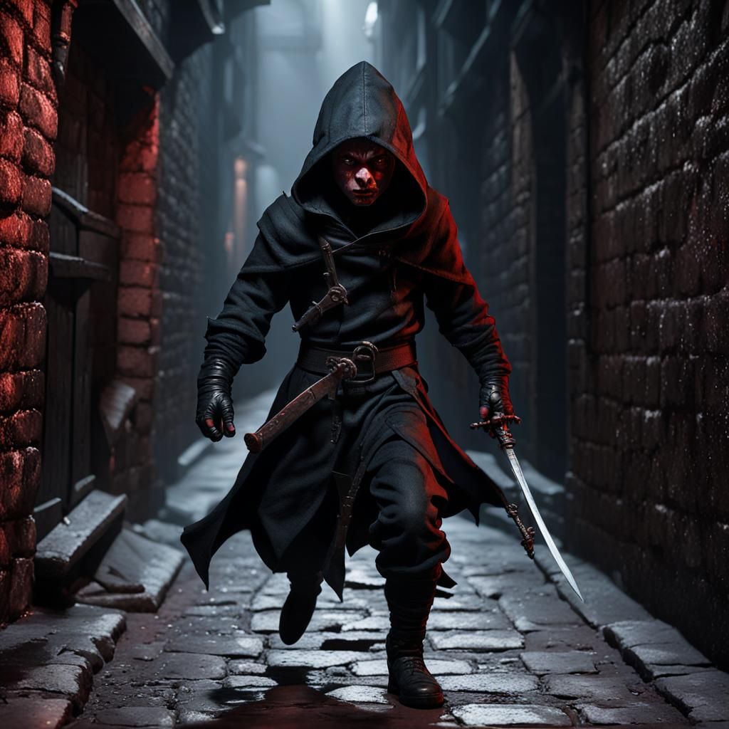 Halfling Rogue Thief in Dark Alleyway