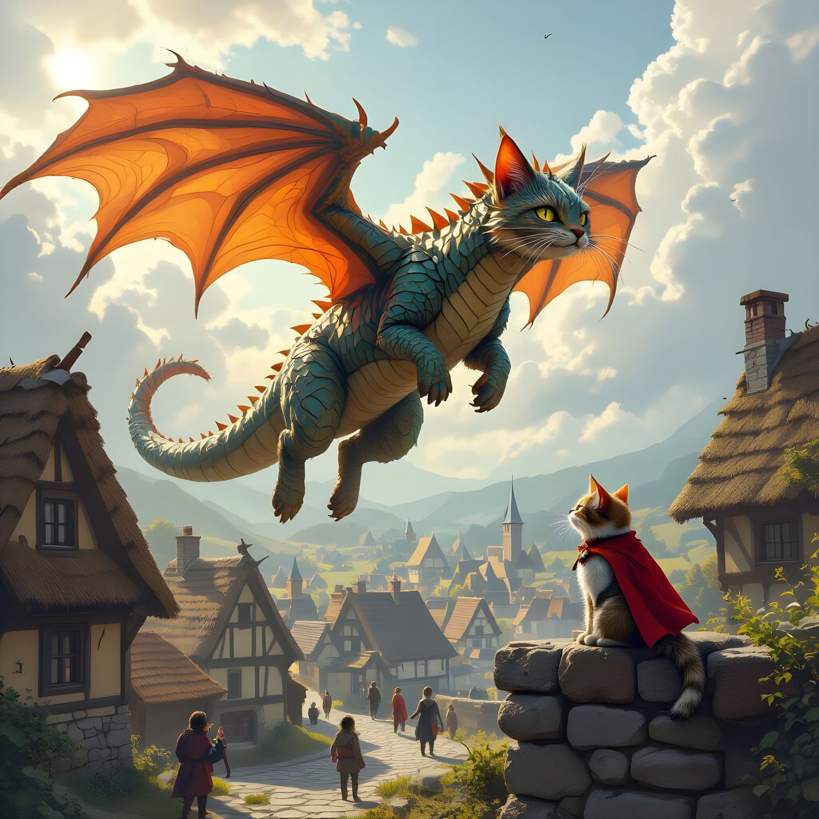 Hyperrealistic Cat Dragon Over Medieval Landscape