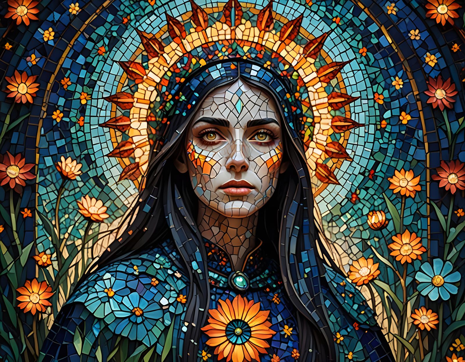 An intense yet delicate la llorona, intricately designed as a mosaic