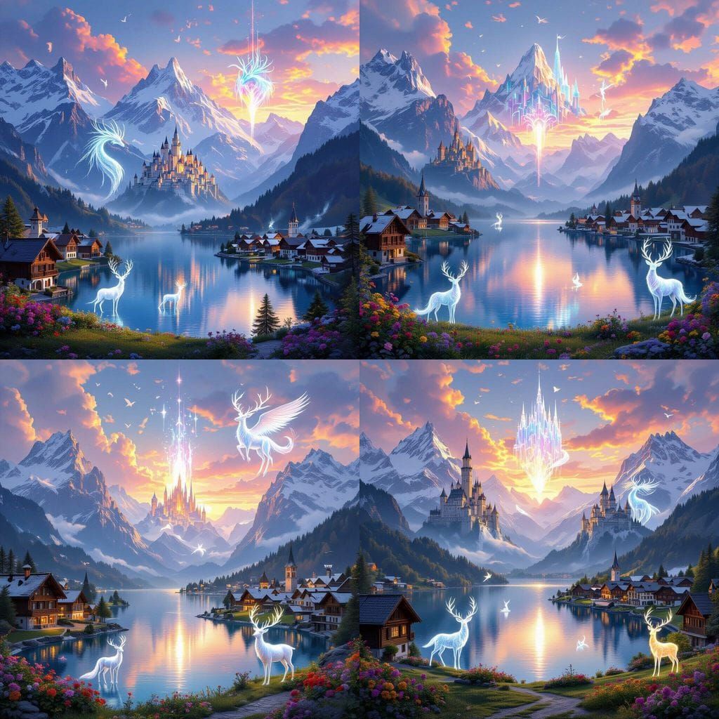 Fantasy Swiss Alps at Dawn with Floating Castles