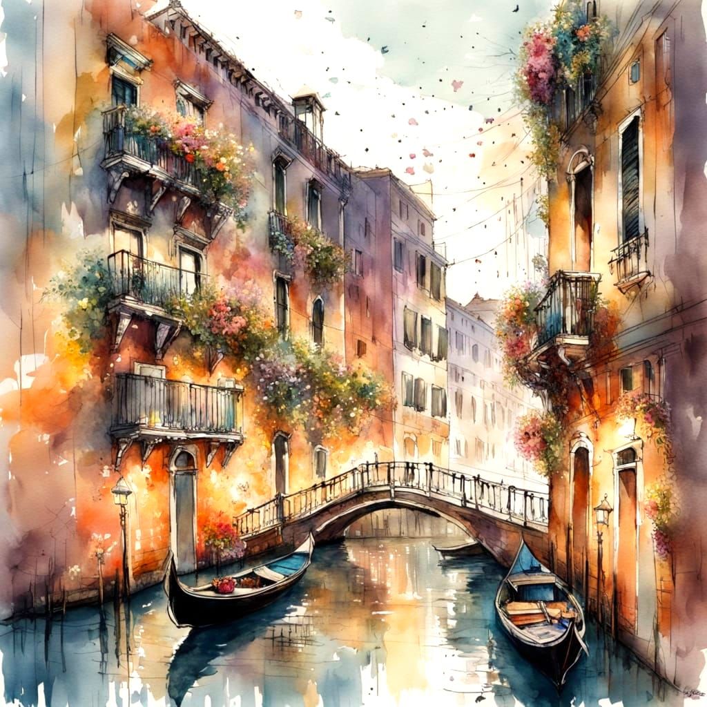 Venice Canal Watercolour Dreamscape in Griffiths Style