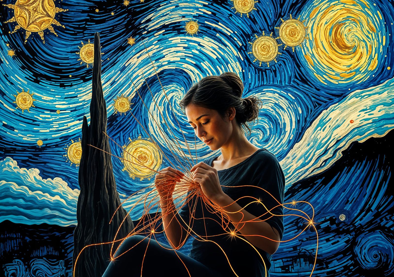 String Art Starry Night in Van Gogh Style