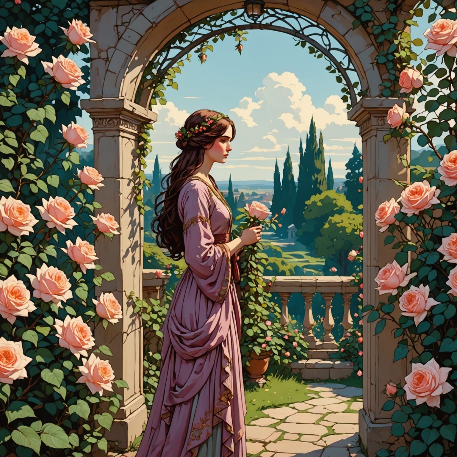 Rose Arbor Garden Scene in Delicate Anime Style