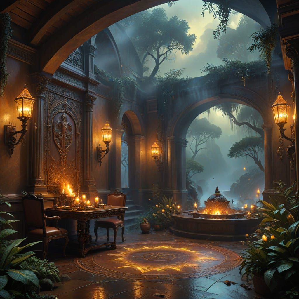 In the heart of an ancient Aztec city, under the golden light of a fading sun, a hidden sanctuary lies nestled between t...