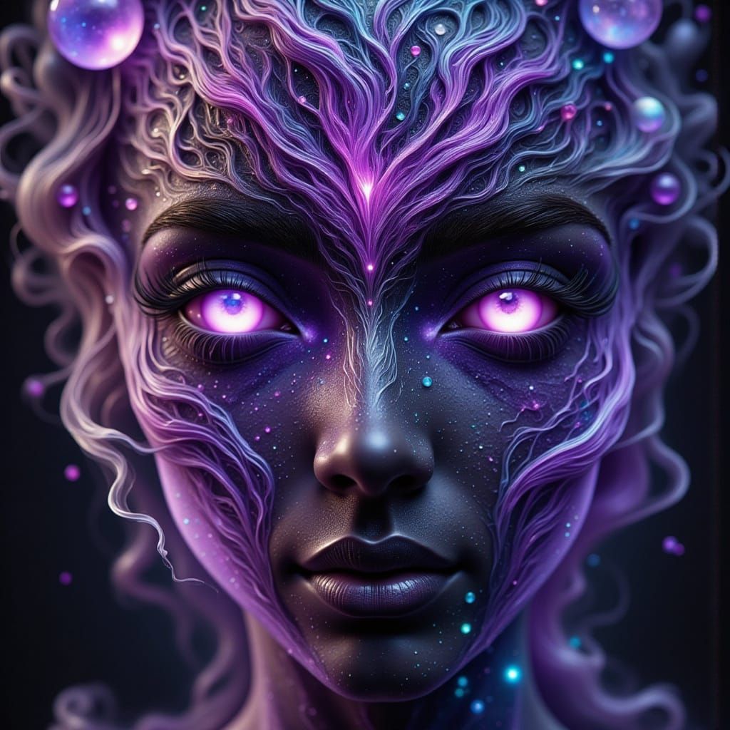 Mystical Face with Luminous Purple and Black Energy
