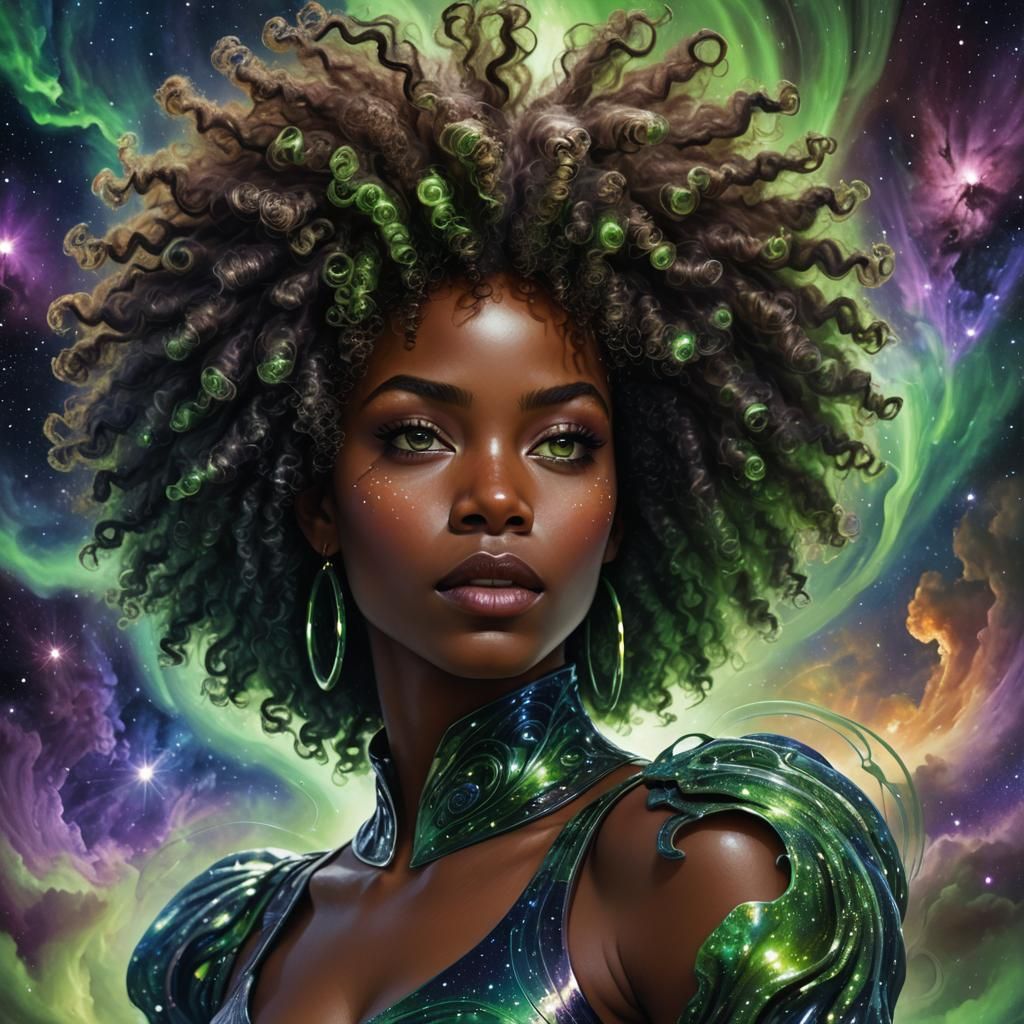 Afrofuturist Woman Under Nebula Sky: Digital Painting