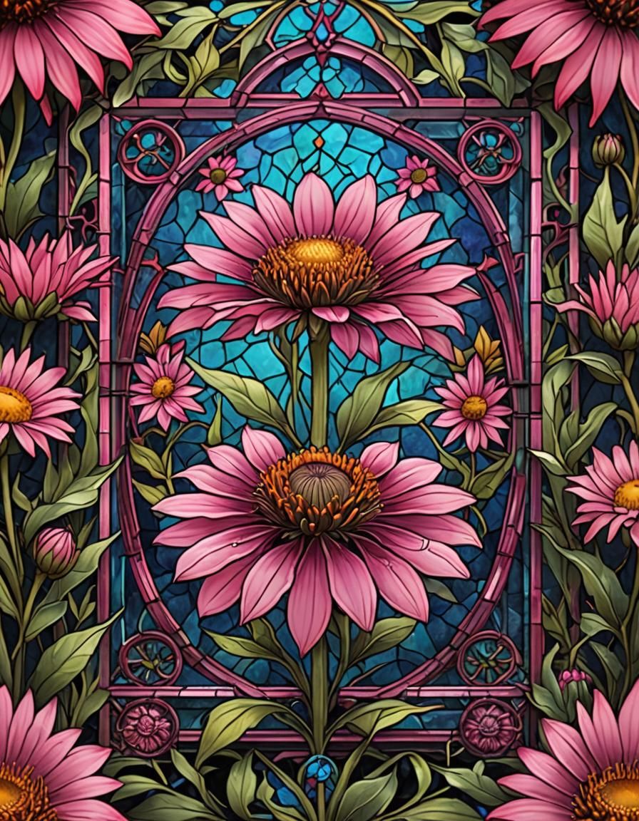 Vibrant Pink Coneflower in Stained Glass Square