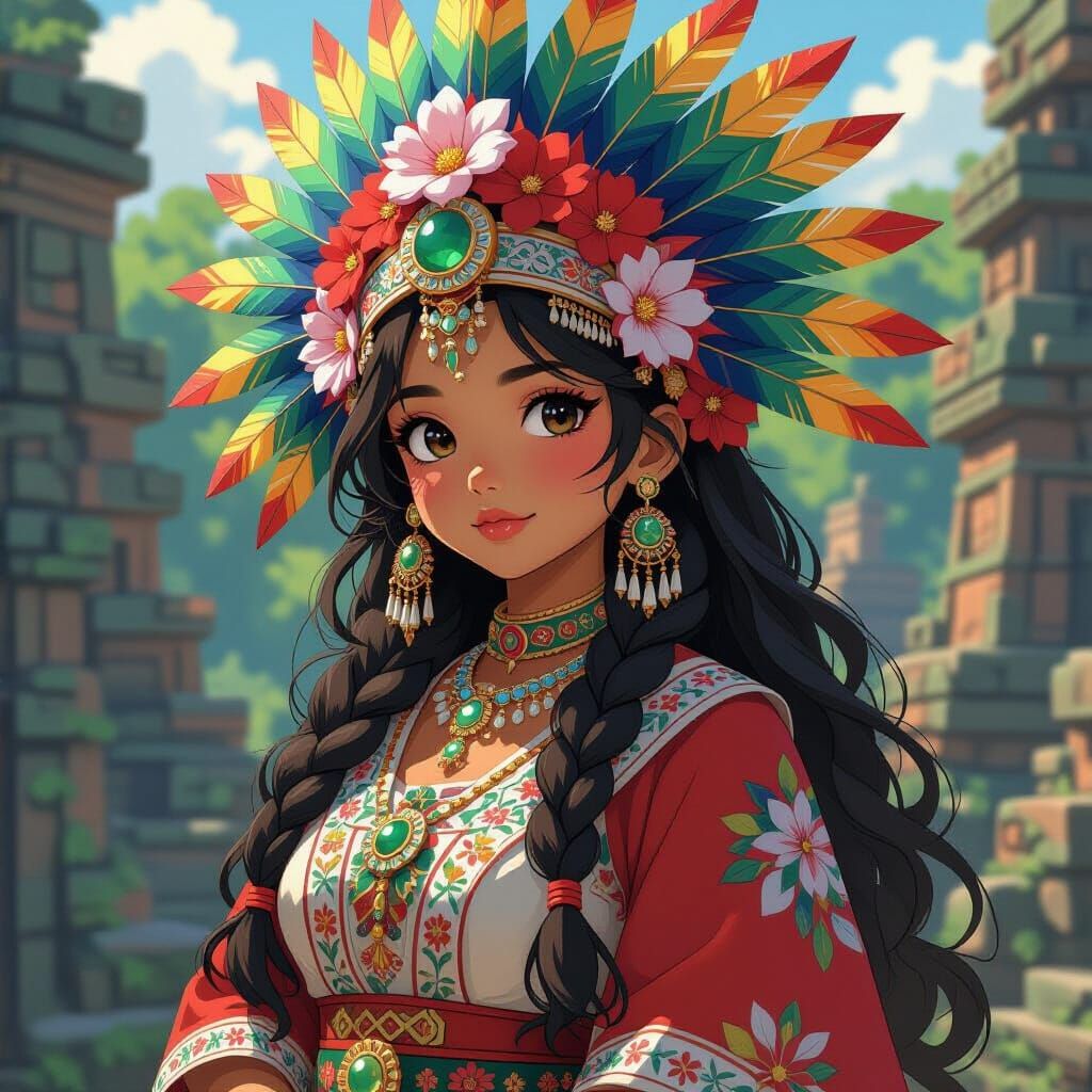 Aztec Girl in Anime Style with Floral Headdress