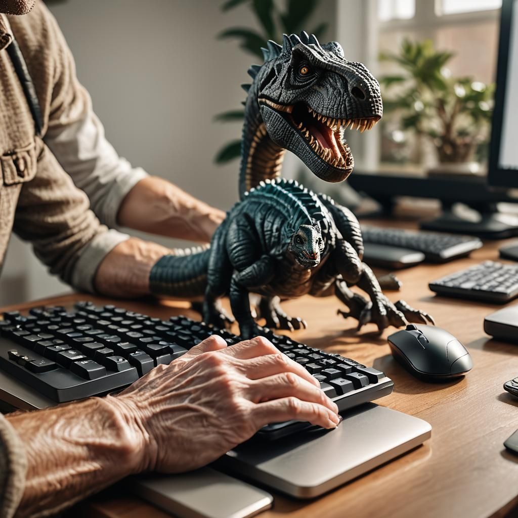 Boomer's Hands on Computer with Dinosaur Sculpture