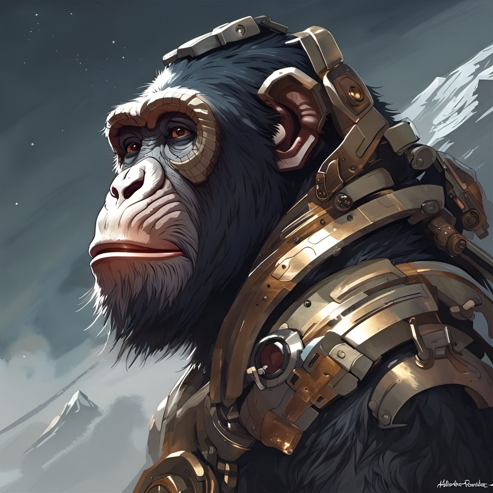 Robot Chimpanzee Warrior in Moonlit Mountains