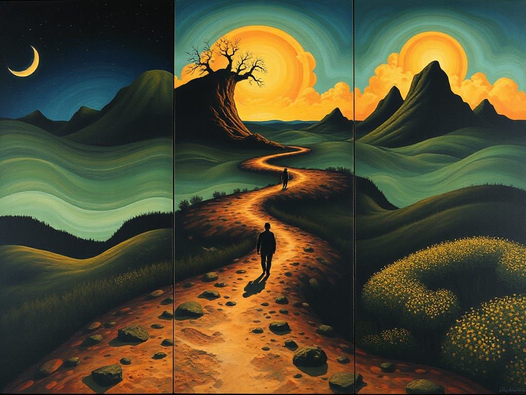Surreal Triptych Artwork of a Journey Through Dreamscape