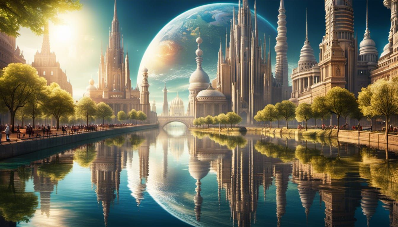 Utopian City Reflecting Galactic Patterns in River