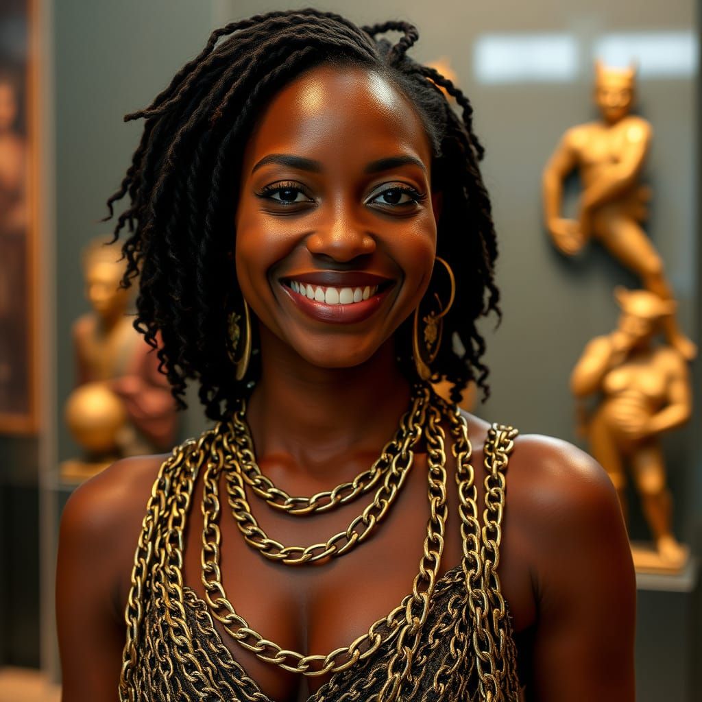 Smiling Woman in Chain Dress at Museum