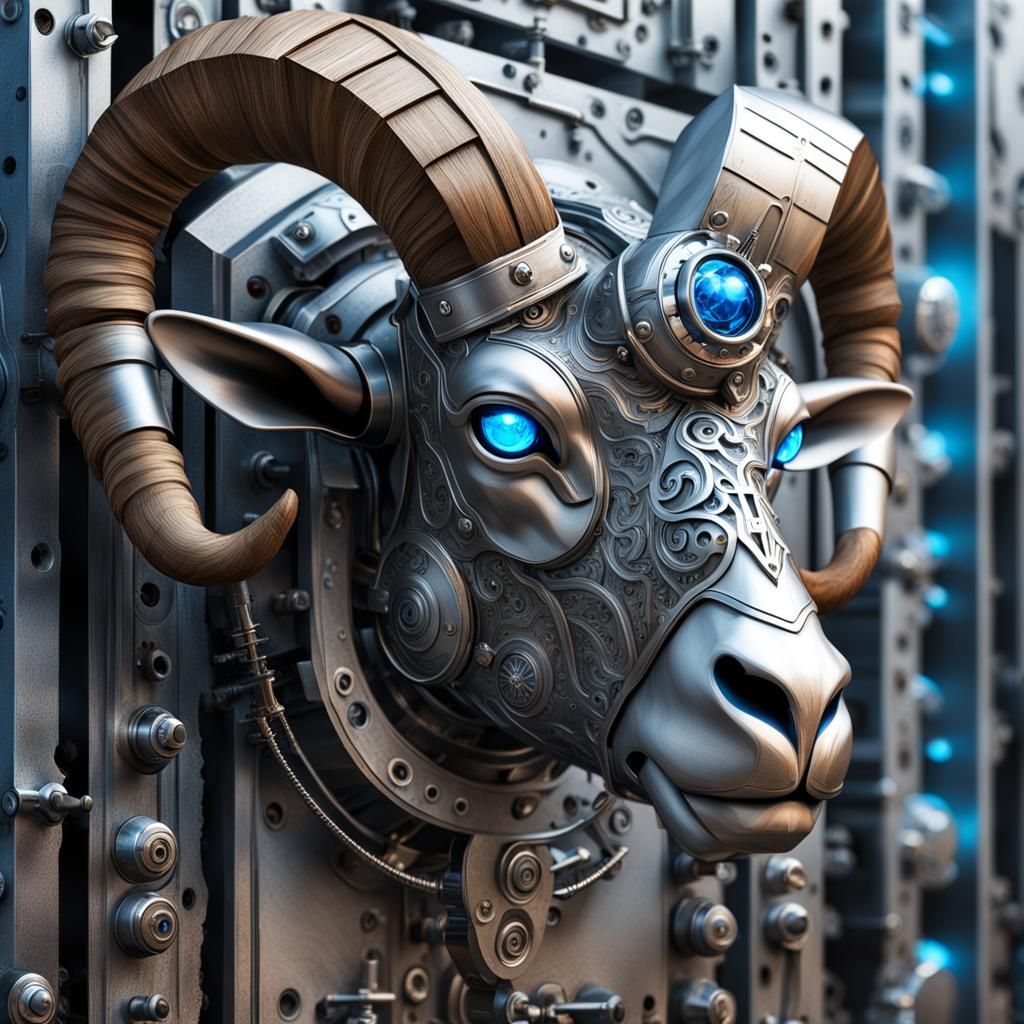 Mechanical Ram with Wooden Horns and Metal Details